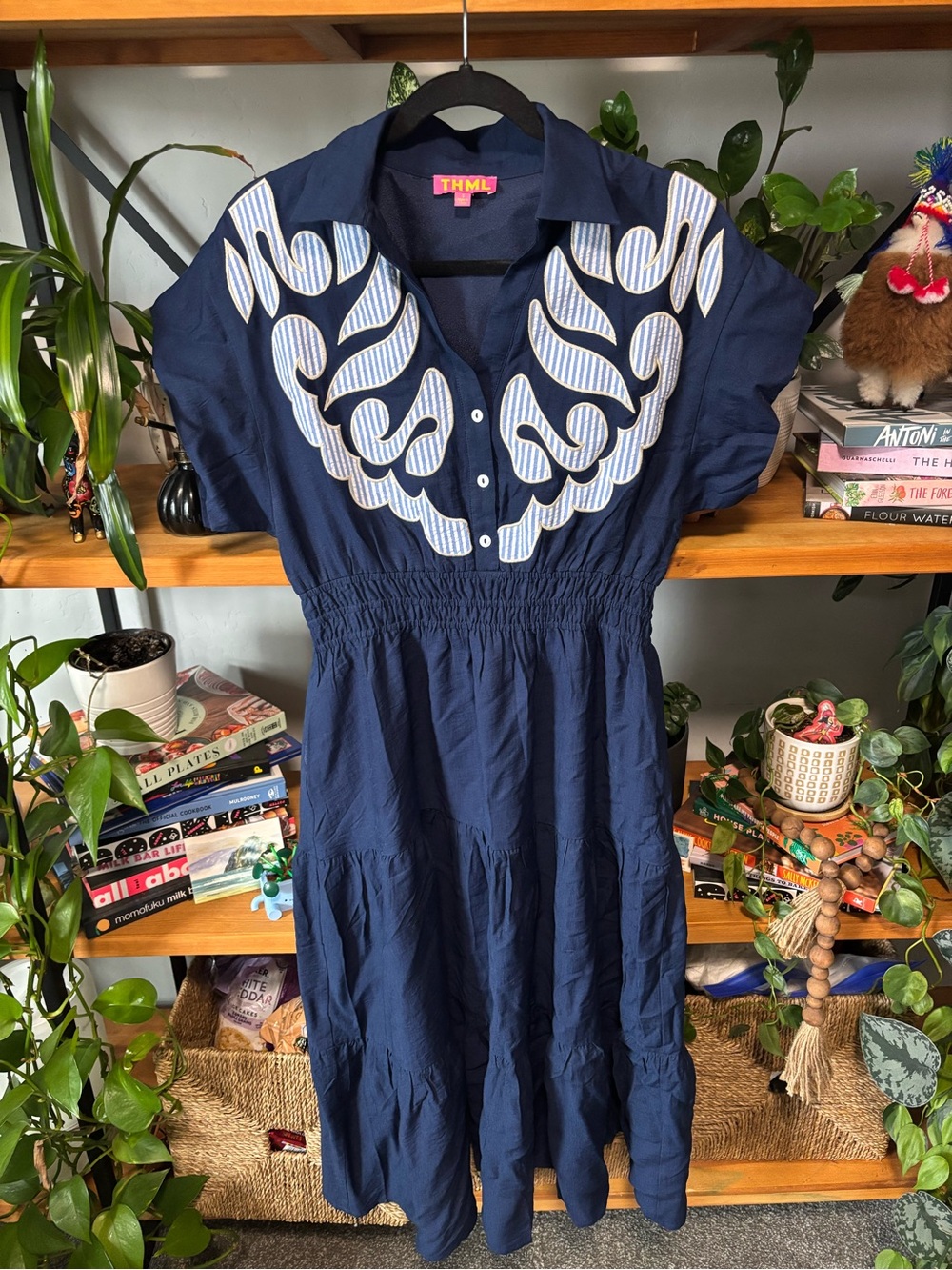 THML Navy Midi Dress with White Embroidered Yoke Small